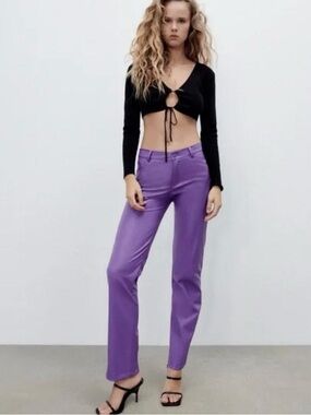 Zara Lilac Faux-leather Straight-Leg Women’s Pants